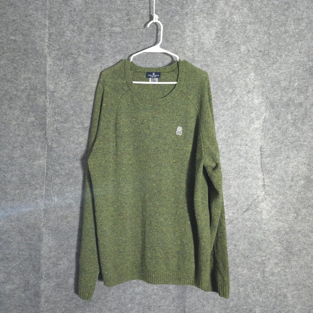 Psycho Bunny Sweater Mens XXL Green Donegal Lambswool Crew Neck Raglan Logo